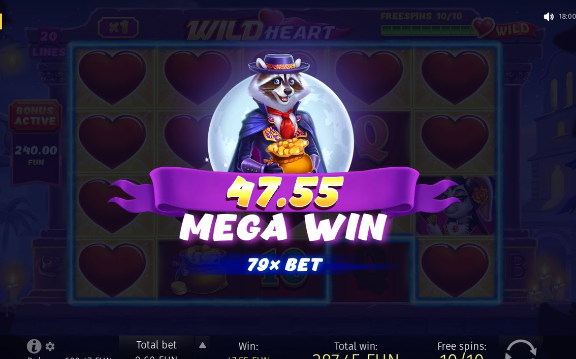 Win screen showing a line win on the 5x4 grid